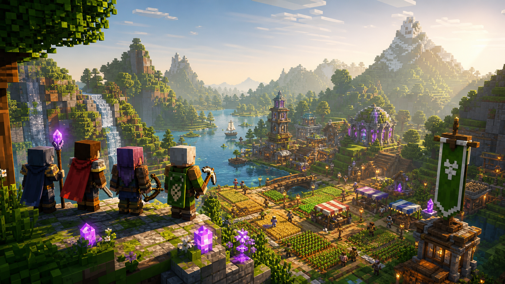 A clan overlooking its thriving block-built survival settlement