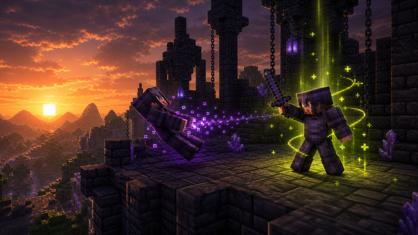 Two block-built armored players fighting while potion energy transfers between them