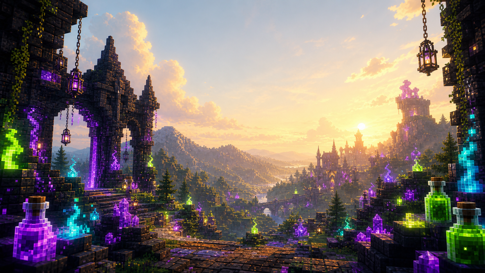 A sunrise over a vast block-built alchemy kingdom