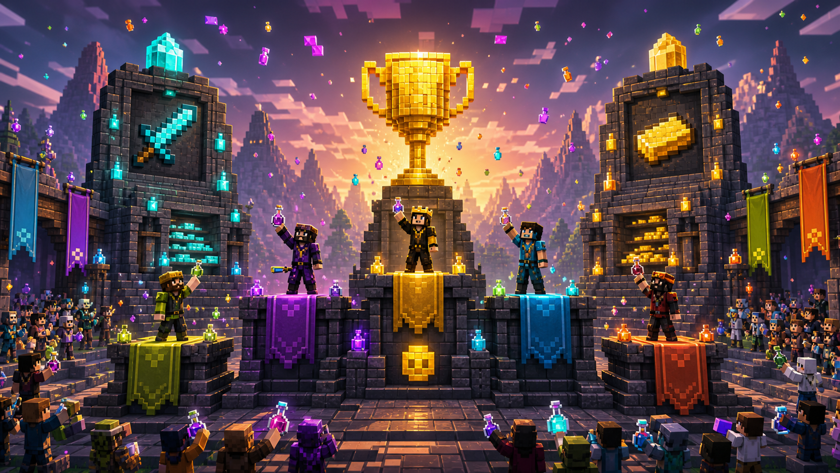 A block-built championship podium and golden trophy